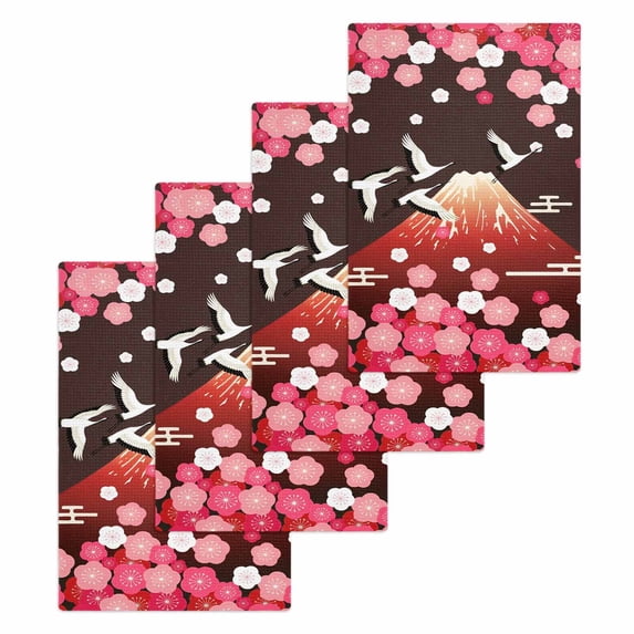 Black Mountains Kitchen Dish Towels for Drying Dishes Set of 4, Modern Aesthetic Cherry Blossoms Cranes Waffle Weave Microfiber Hand Tea Bathroom Towels Quick Dry & Absorbent Towel 15.7x23.6