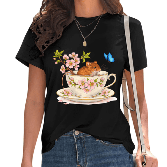 Black Mouse in Floral Teacup with Blue Butterfly Print Tshirt Graphic Tees Shirts Cozy Cottagecore Animal Lover Tops S-5XL