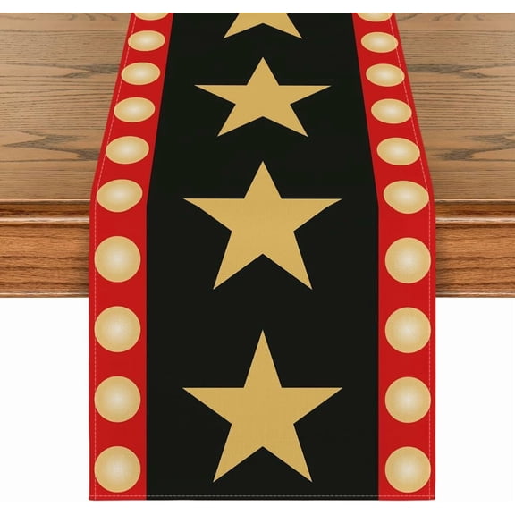 Black Movie Theme with Gold Stars Design Movie Night Table Runner, Red Carpet Kitchen Dining Table Decoration for Home Party Decor 13x72 Inch