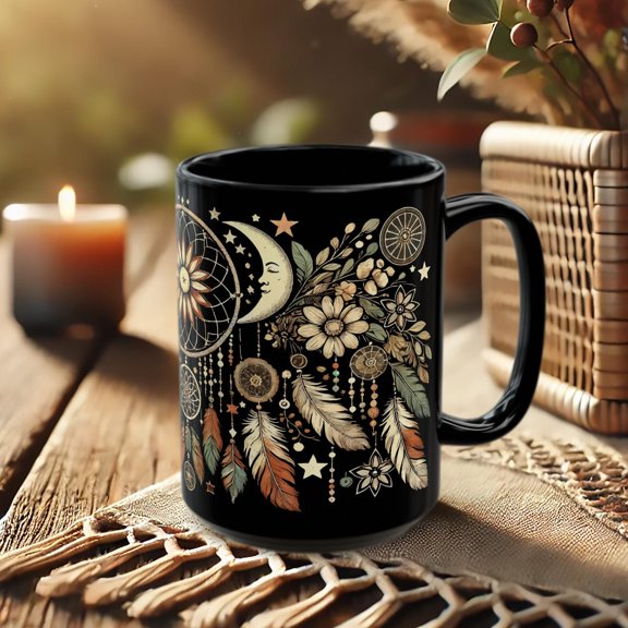 Black Mug with Dreamcatcher  Boho Coffee Cup with Moon Phases