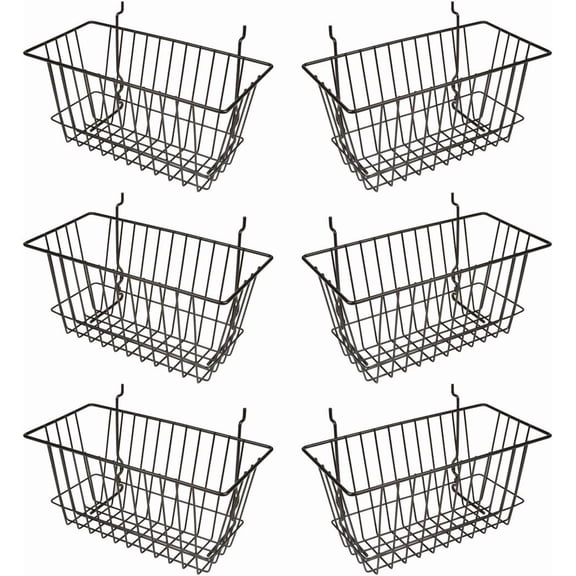Black Multi-Fit Narrow Wire Basket for Slatwall, Pegboard or Gridwall (Set of 6) Metal Semi-Gloss Basket, Black