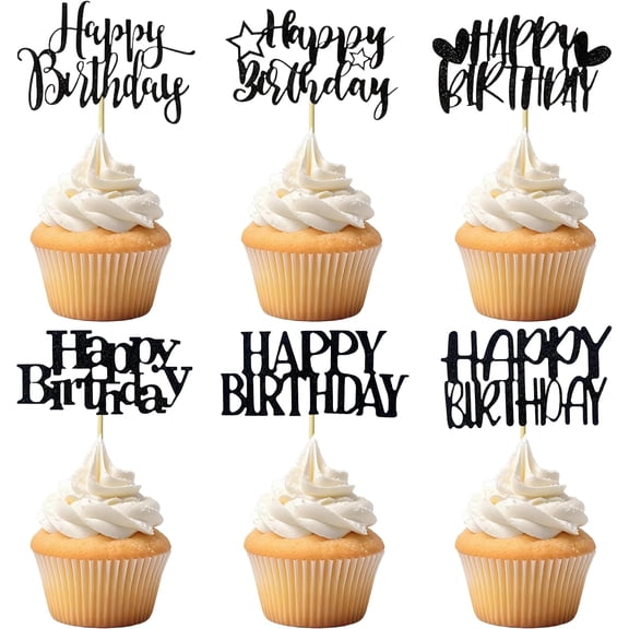 Black Multi Font Glitter Happy Birthday Assorted Cupcake Toppers 12Pcs Universal Birthday Party Cake Decor Picks