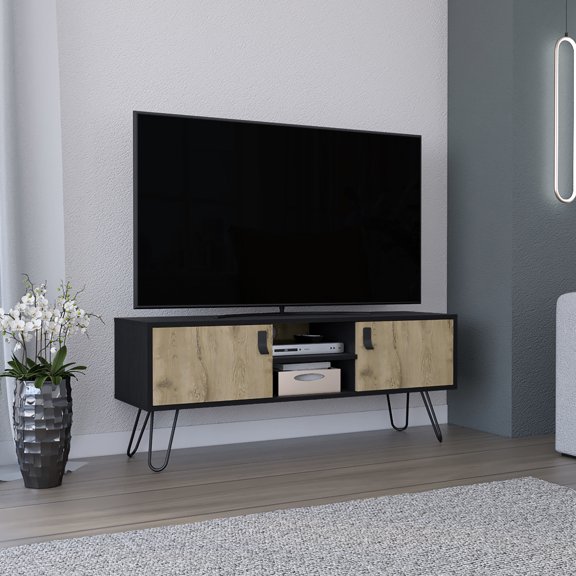 Black Multi Media Center TV Rack / Two Doors Conceal Media, Central Shelves for Easy Access