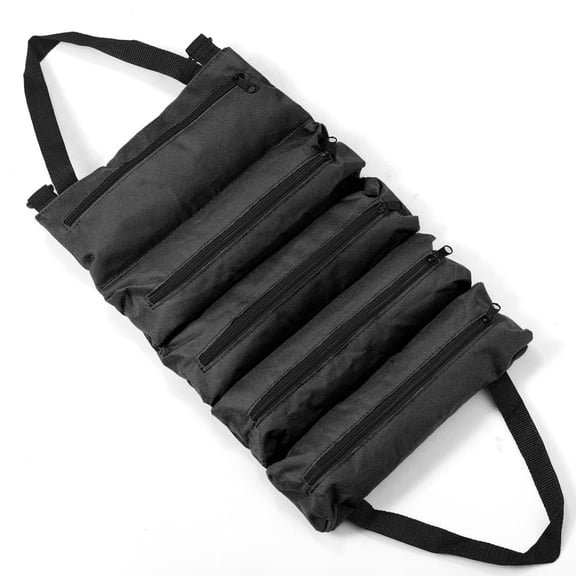 Black Multi Purpose Tool Bag Roll Up Wrench Pouch with 5 Zipper Pockets Heavy Duty Oxford Cloth Portable Hanging Tool Organizer for Garage Auto Repair Electrical Gardening Storage