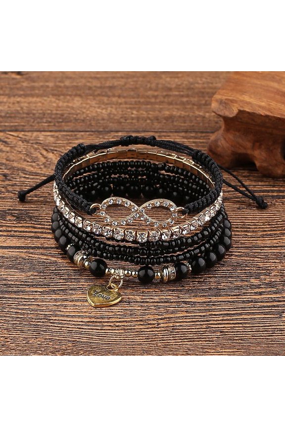 Black Multi-Strand Beaded Wrap Bracelet Set With Rhinestone Infinity Charm