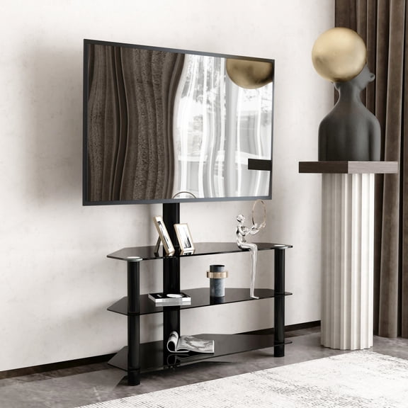 Black Multi-function 3-Tier TV Stand, Height Adjustable and Swivel Bracket / Safe, Easy Clean, 110lbs Capacity
