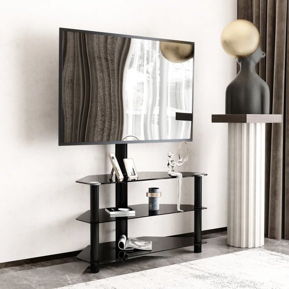 Black Multi - function 3 - Tier TV Stand with 45 - Degree Swivel / Fits TVs up to 65 Inches, High - Capacity Shelves