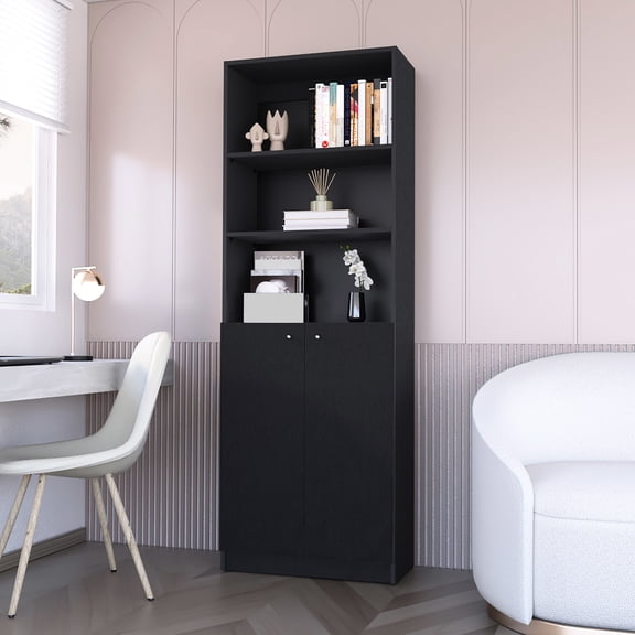 Black Multi-level Shelf 2-door Bookcase - Double Door Storage With Display Shelves, Space Saving, Easy Assembly, Engineered Wood Material, 24.44"w X 11.74"d 69.98"h In Options Meets Contemporary