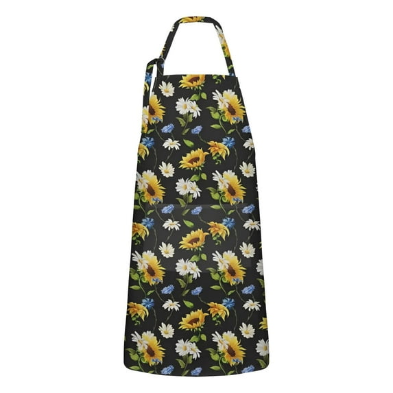 Black Multicolor Flower Sunflower Pattern Apron-Garden Aprons for Women with Pockets-Cotton Linen Waterproof Kitchen Cooking Gardening Aprons Adjustable for Kitchen,Cooking,BBQ and Salon 33x27 Inch