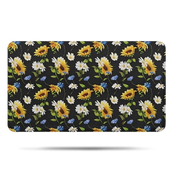 Black Multicolor Flower Sunflower Pattern Bathroom Rugs Mat,Non Slip Microfiber Bathroom Rug,Rubber Backing,Soft Bathroom Mats for Bathroom Floor,Tub and Shower,17x30in(43x75cm)