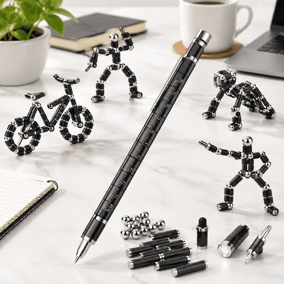 Black Multifunction Fidget Pen with Touchscreen, LED Light, and Deformable Design