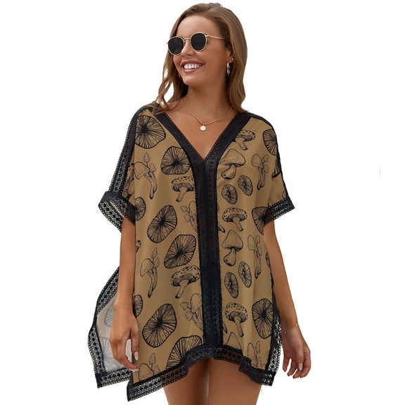 Black Mushroom Brown Fungus Women's Swimsuit Coverup Summer Beach Cover Up Bathing Suit Dress