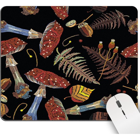 Black Mushroom Leaves Mouse Pad Vintage Washable Autumn Design, NonSlip Rubber Base, 9.5x7.9 Inch, Ideal for Gaming, Office, and Laptop Use, Adds a Rustic Charm