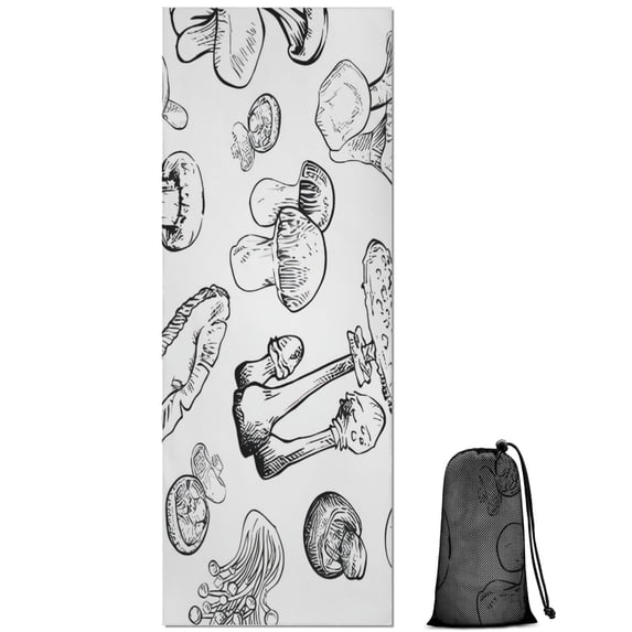 Black Mushroom Line White Pattern Hot Yoga Mat Towel Non Slip for Hot Yoga - Quick-Drying Yoga Mat Cover with 4 Corner Pockets with Travel Bag - Hot Yoga Towel Non Slip 70"x26"
