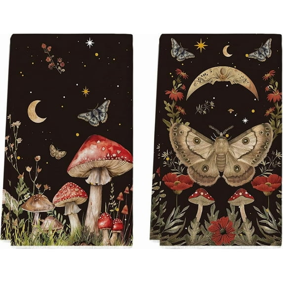 Black Mushroom Moth Moon Kitchen Towels Dish Towels, 18x26 Inch Spring Flower Seasonal Decoration Hand Towels Set of 2