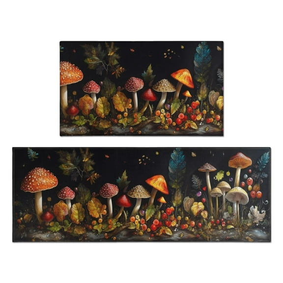 Black Mushrooms Butterfly Spring Kitchen Rugs Set, 17x29 +17x47, Cushioned and Non-Skid, Washable for Kitchen, Living Room, Office Gift for Friends, Family