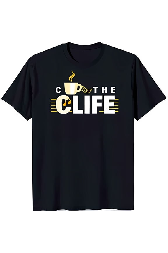 Black Music Lover T-Shirt with Coffee Cup & 'THE CLIFE' Design