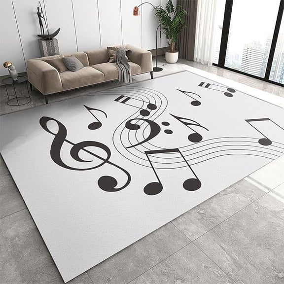 Black Music Melody Symbol Area Rug, Abstract Black And White Music Lover Indoor Non-Slip Kids Rugs, Machine Washable Breathable Easy Care Carpet For Front Entrance Floor Decor 4 x 5ft
