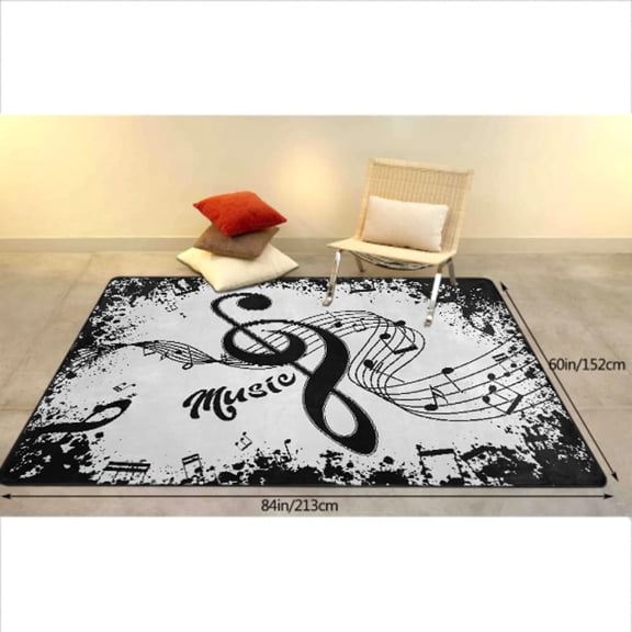 Black Music Note Area Rug Vintage Music Rugs Throw Rugs Non-Slip Floor Mat Soft Carpet Doormats for Living Room Bedroom Apartment Dorm Home Decor 5'x7',White/Black