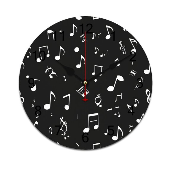 Black Music Notes Printed Silent Wall Clock Round Kitchen Clock Chic Quiet Desk Clock For Living Room 10in