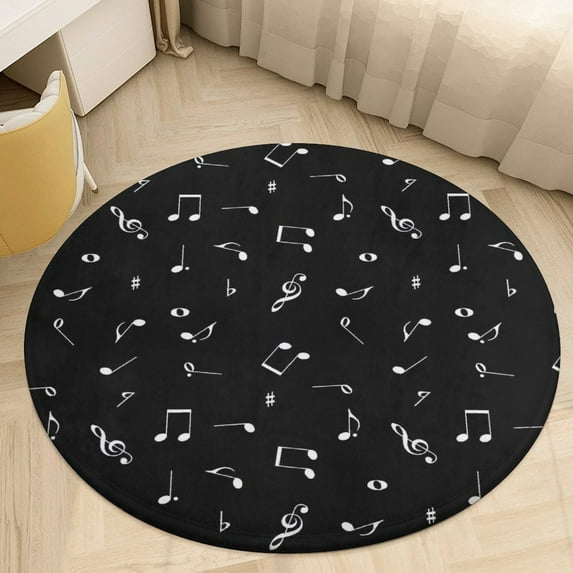 Black Music Notes Round Area Rugs for Bedroom Living Room, 5FT Soft Indoor Circle Carpets, Carpet Home Decor Floor Mat