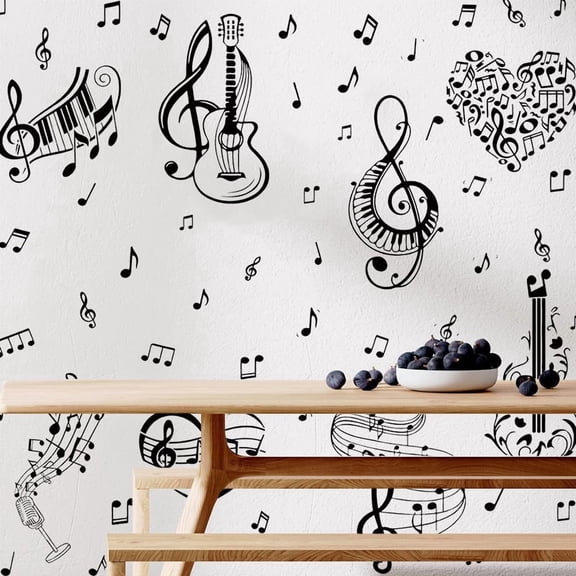 Black Music Notes Wall Stickers Set, Peel and Stick PVC Musical Notes Wall Decals with Guitar Piano and Treble Clef Design for Bedroom, Classroom, Music Room, Studio Wall Decor