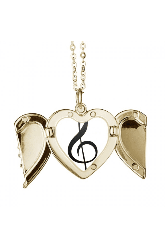 Black Music Treble Clef White Folded Wings Peach Heart Pendant Necklace