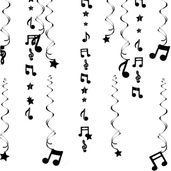 Black Musical Note Star PVC Swirl Musical Birthday Party Hanging Decorations Paper Garland Banner Foil Whirl Music Notes Spiral Ceiling Retro Disco Concert Birthday Party Wall Ceiling Decorations