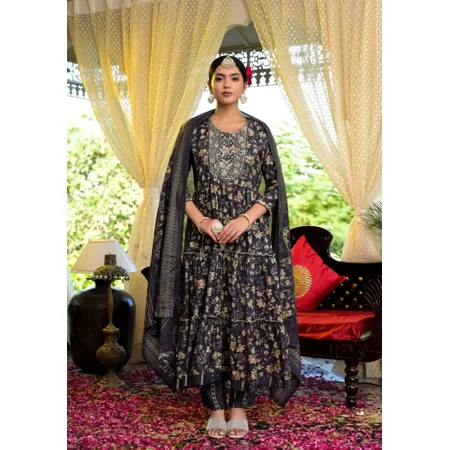 Black Muslin Silk Flared Anarkali Suit and Dupatta
