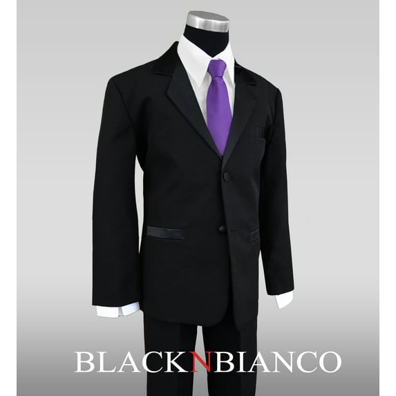 Black N Bianco Boys Tuxedo in Black with a Purple Long Neck Tie