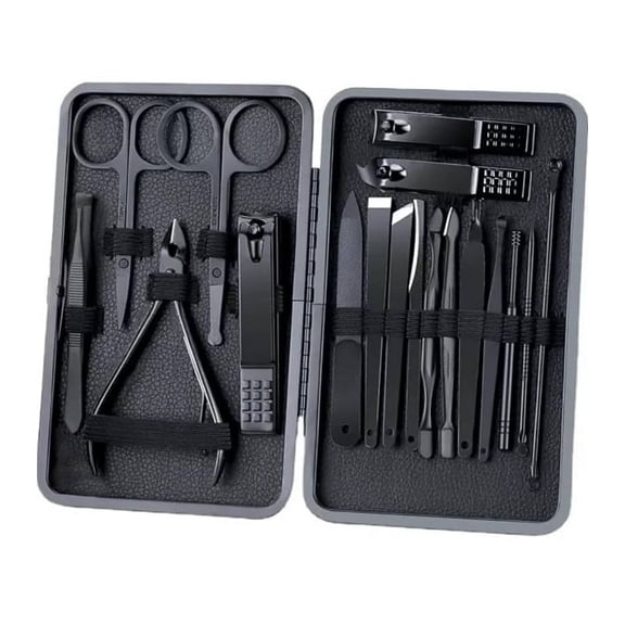 Black Nail Clipper 18 Set Stainless Steel Manicure Nail Scissors Pedicure Kit Nippers Trimmer Care Tool with Travel Case Kit