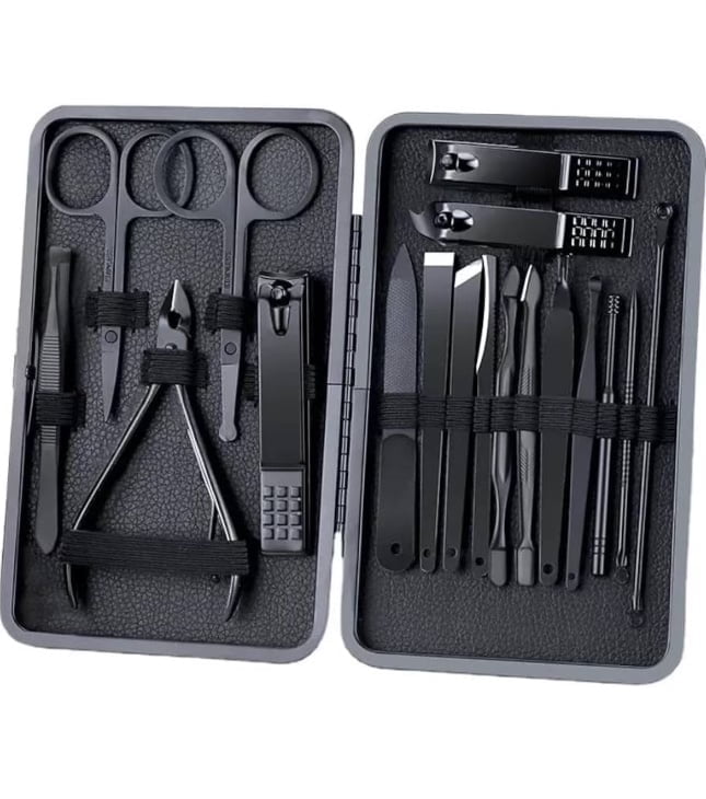 Black Nail Clipper 18 Set Stainless Steel Manicure Nail Scissors Pedicure Kit Nippers Trimmer Care Tool with Travel Case Kit