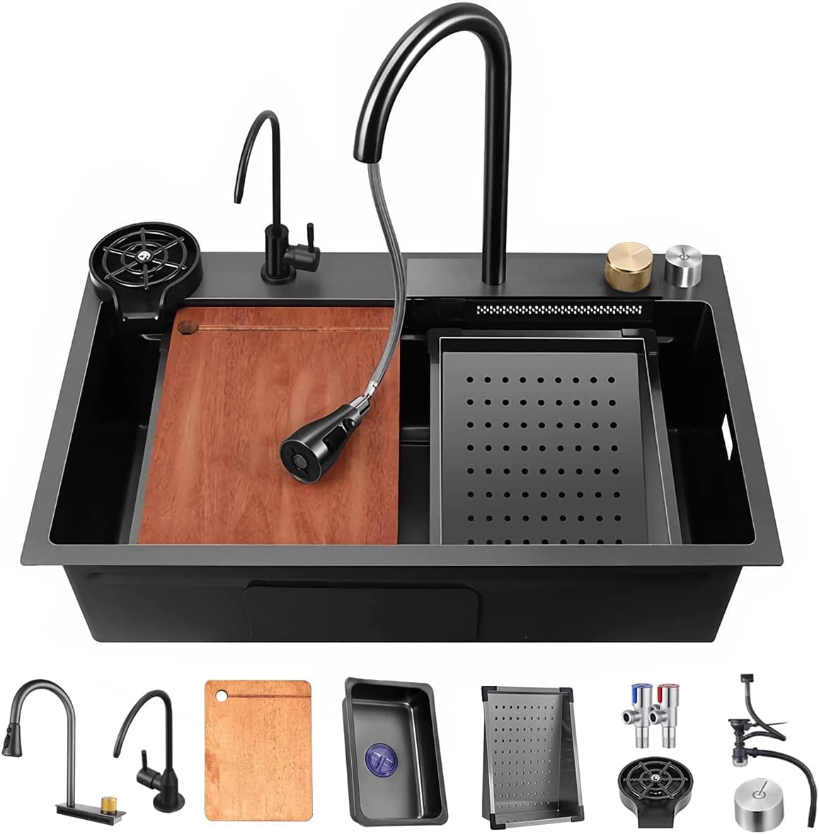 Black Nano Kitchen Sink 304 Stainless Steel Waterfall Sink Single Bowl