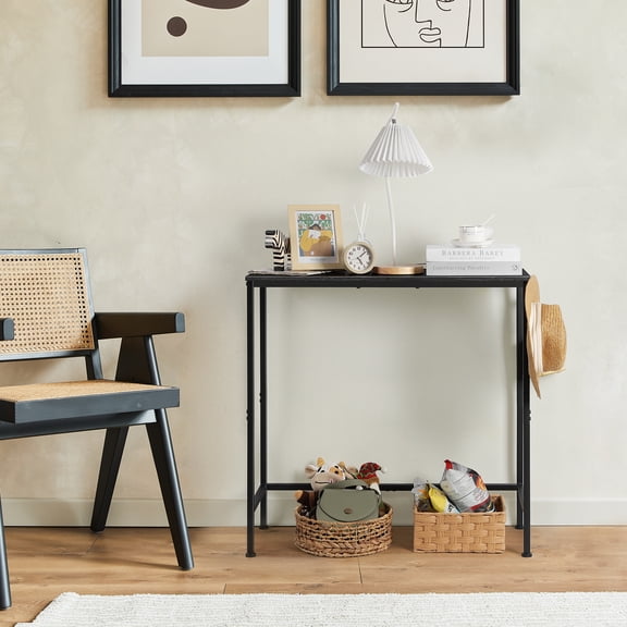 Black Narrow Entryway Table with Hooks - Skinny Sofa Console Table for Living Room, Foyer & Bedroom