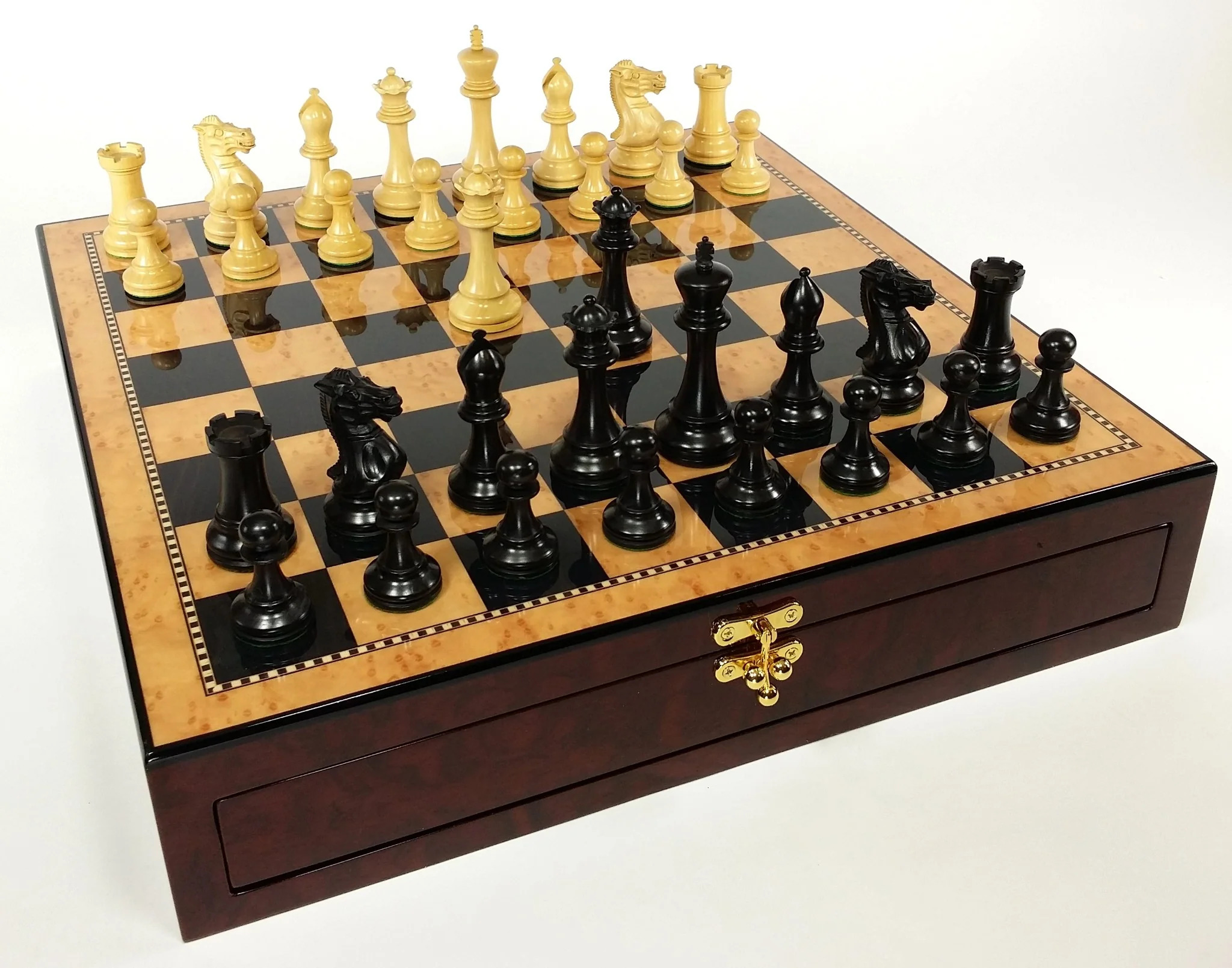 Black Nat 3 3/4" Anderssen Staunton Wood Chess Set Walnut Color Storage