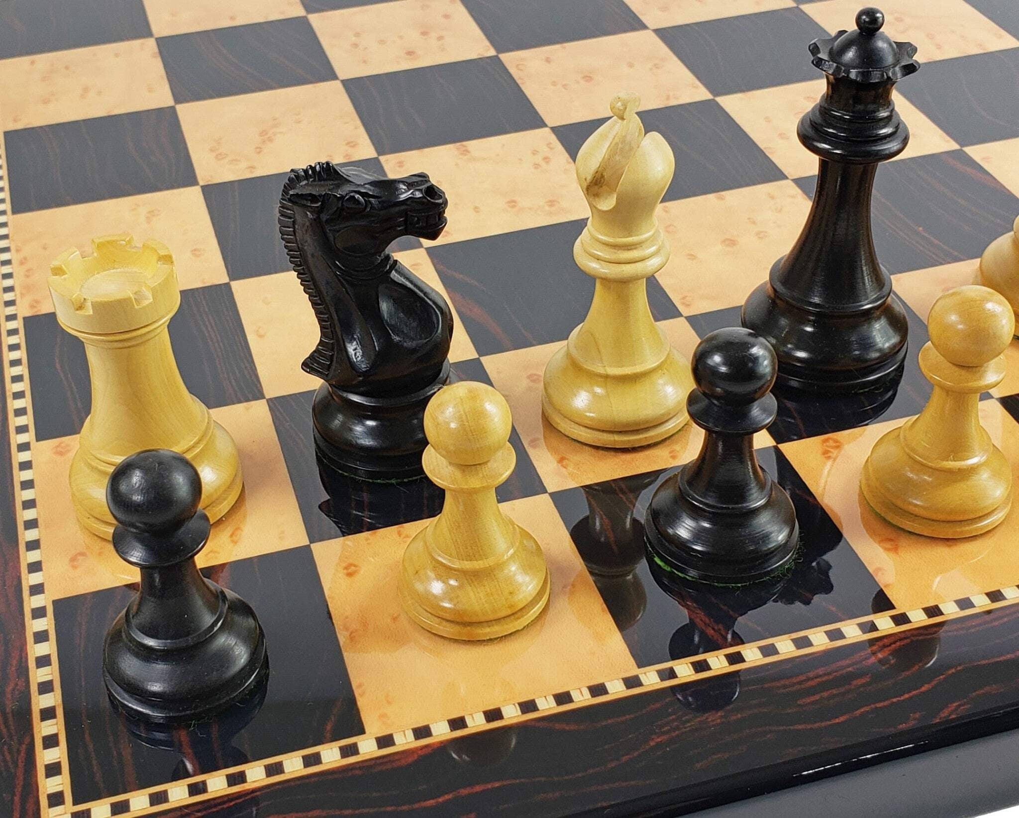 Black  Natural 3 3/4" Anderssen Staunton Wood Chess Set 18" Walnut Color Board