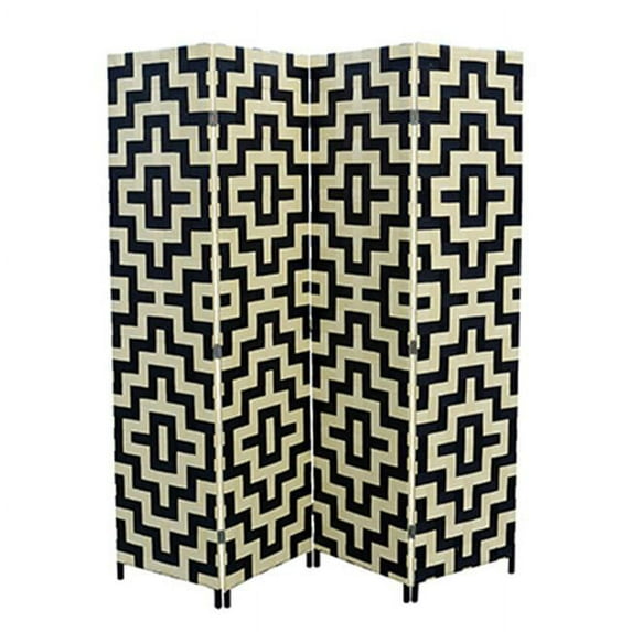 Black/Natural 4 Panel Room Divider, Paper Straw Weave Design
