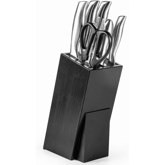 Black Natural Bamboo Universal Knife Block with Removable Bristle Insert Slotless Kitchen Knife Holder for Countertop Fits Chef, Bread, Paring & Utility Knives