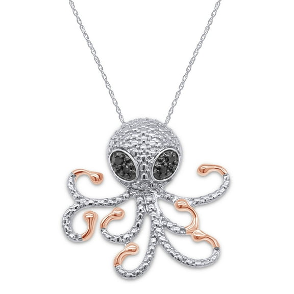 Black Natural Diamond Accent Beaded Octopus Pendant Necklace in 14K Tri Tone White Gold Over Sterling Silver