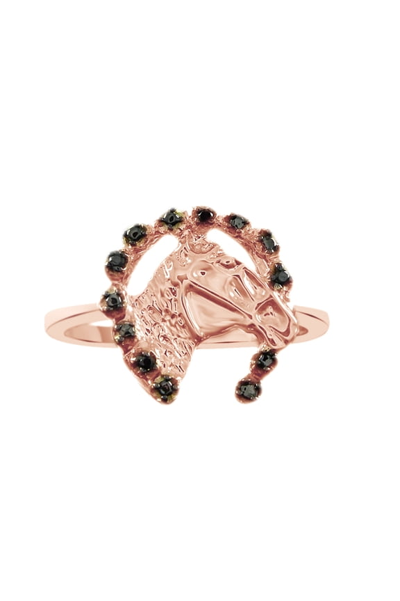 Black Natural Diamond Accent Horse Ring In 14k Rose Gold Over Sterling Silver (0.02 Cttw)