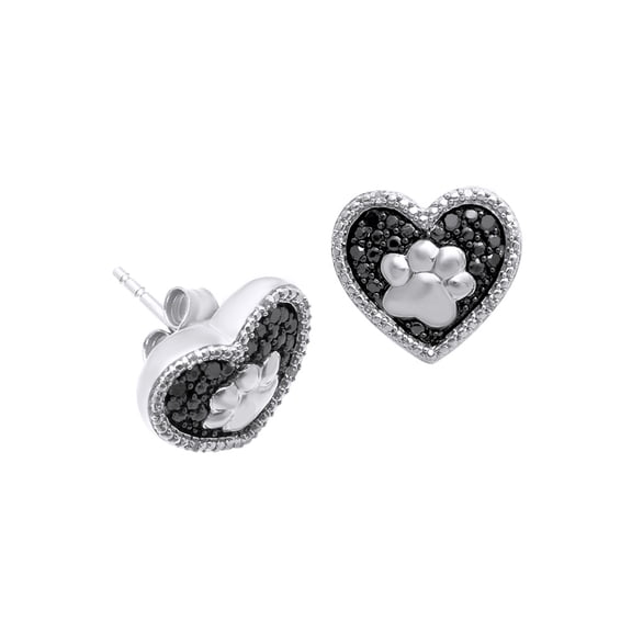 AFFY Black Natural Diamond Paw Print Heart Stud Earrings In 14k White Gold Over Sterling Silver (0.1 Cttw)