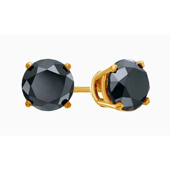 AFFY Black Natural Diamond Solitaire Stud Earrings In 14K Solid Yellow Gold (3 Ct)