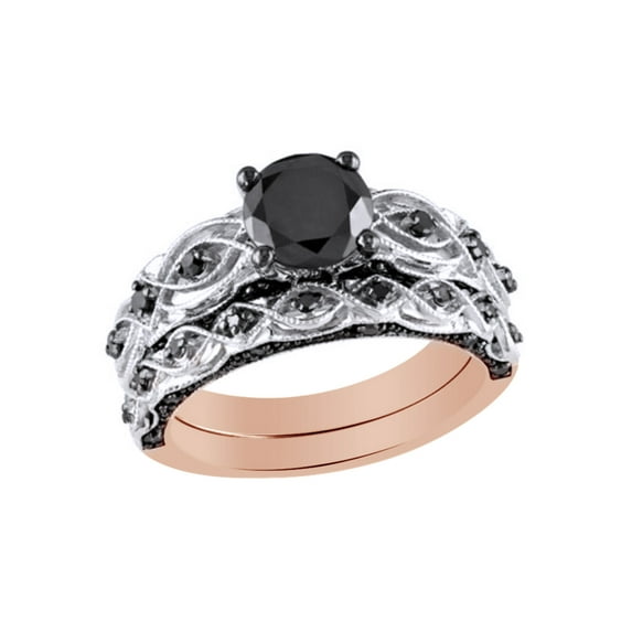 AFFY Black Natural Diamond Vintage-Style Bridal Set In 10k Rose Gold (1.38 Cttw)