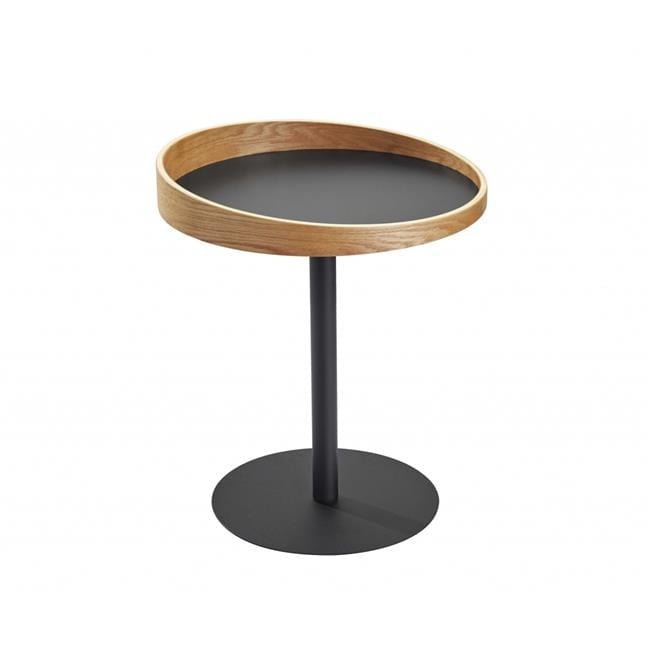 Round Matte Black Metal and Oak Veneer End Table
