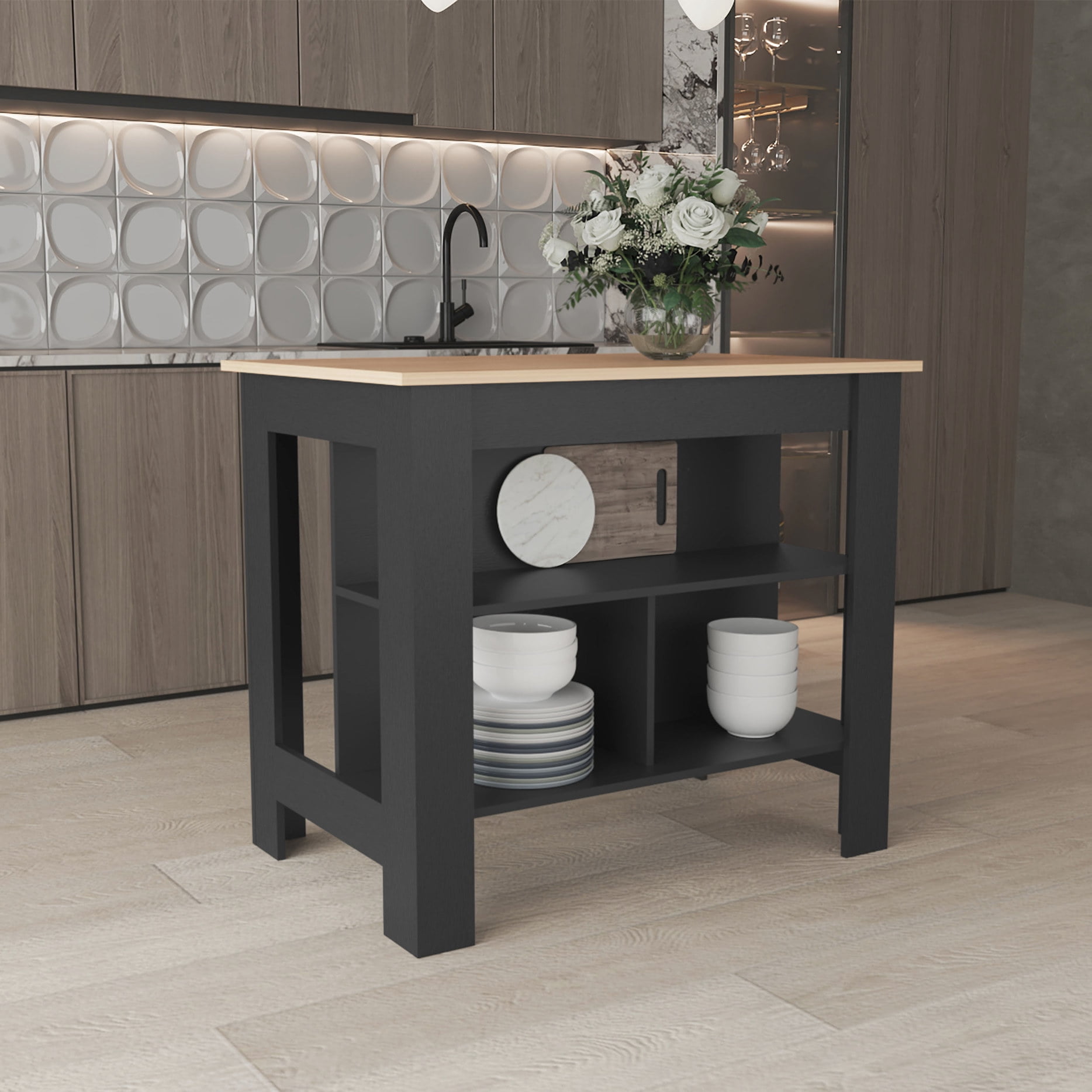 Black and Natural Kitchen Island | Spacious Leg Room for Meal - Prep on ...