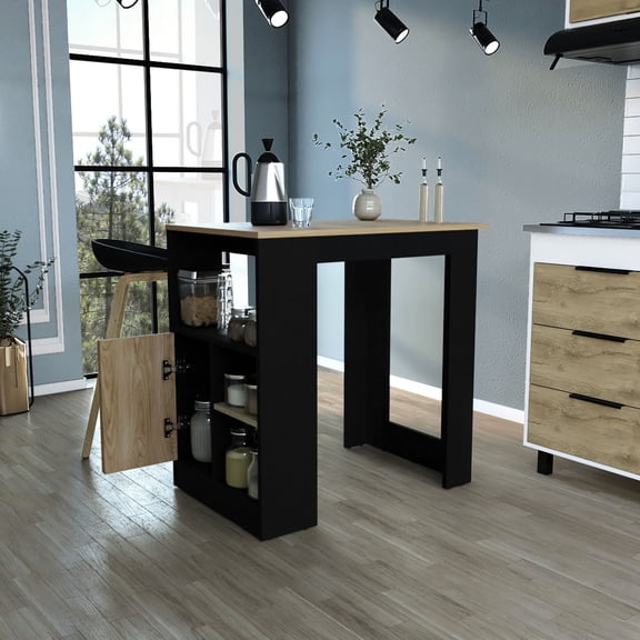 Black/Natural Oak Color - Three Open Shelves and Cabinet - Kitchen Organization - TSCA Compliant