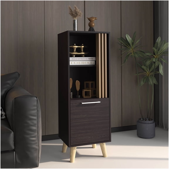 Black & Natural Oak Storage Cabinet with 2 Shelves, 1 Door Organizer for Kitchen Pantry, Living Room & Office