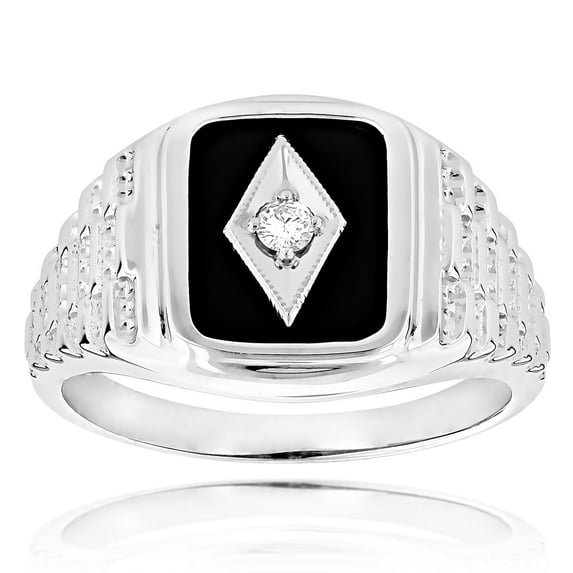 Black Natural Onyx And Real 0.1 Ctw Diamond 14K Mens Vintage Ring For Him (White Gold Size 11)