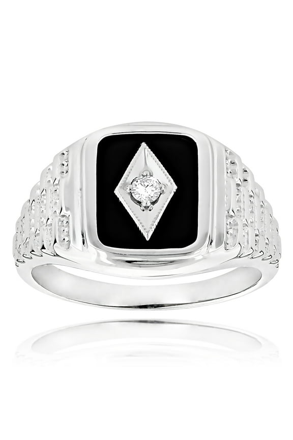 Black Natural Onyx And Real 0.1 Ctw Diamond 14K Mens Vintage Ring For Him (White Gold Size 7.5)