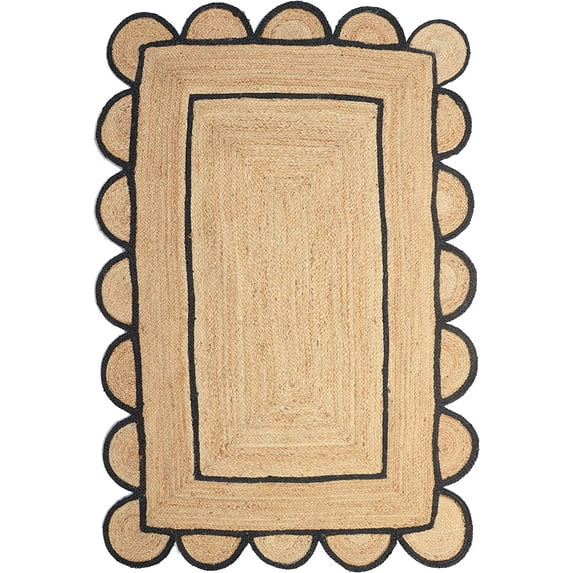 Black Natural Scallop Pattern Jute Bohemian Area Rug
